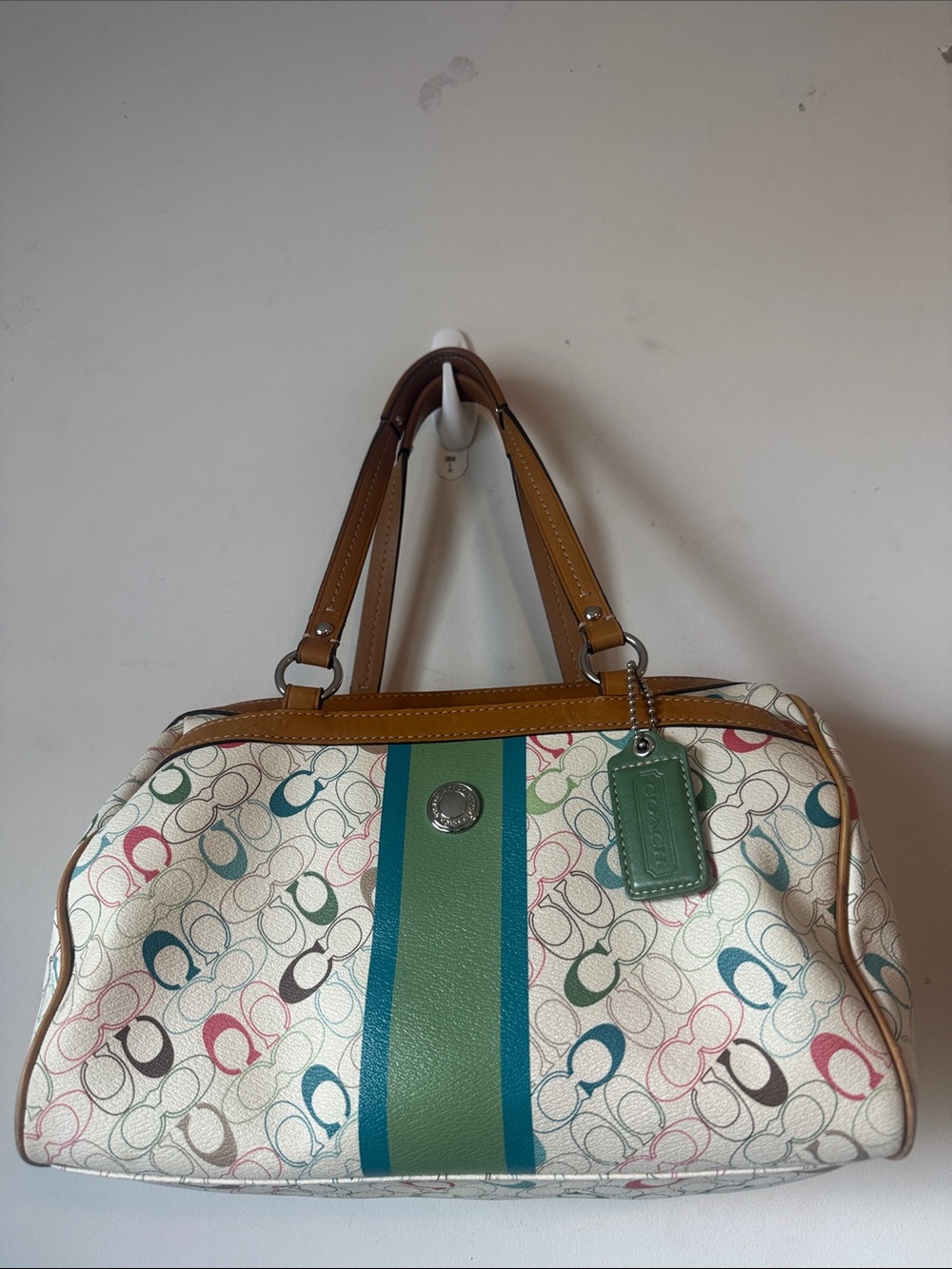 Coach Multicolor Signature Stripe Satchel with Tan Leather Trim